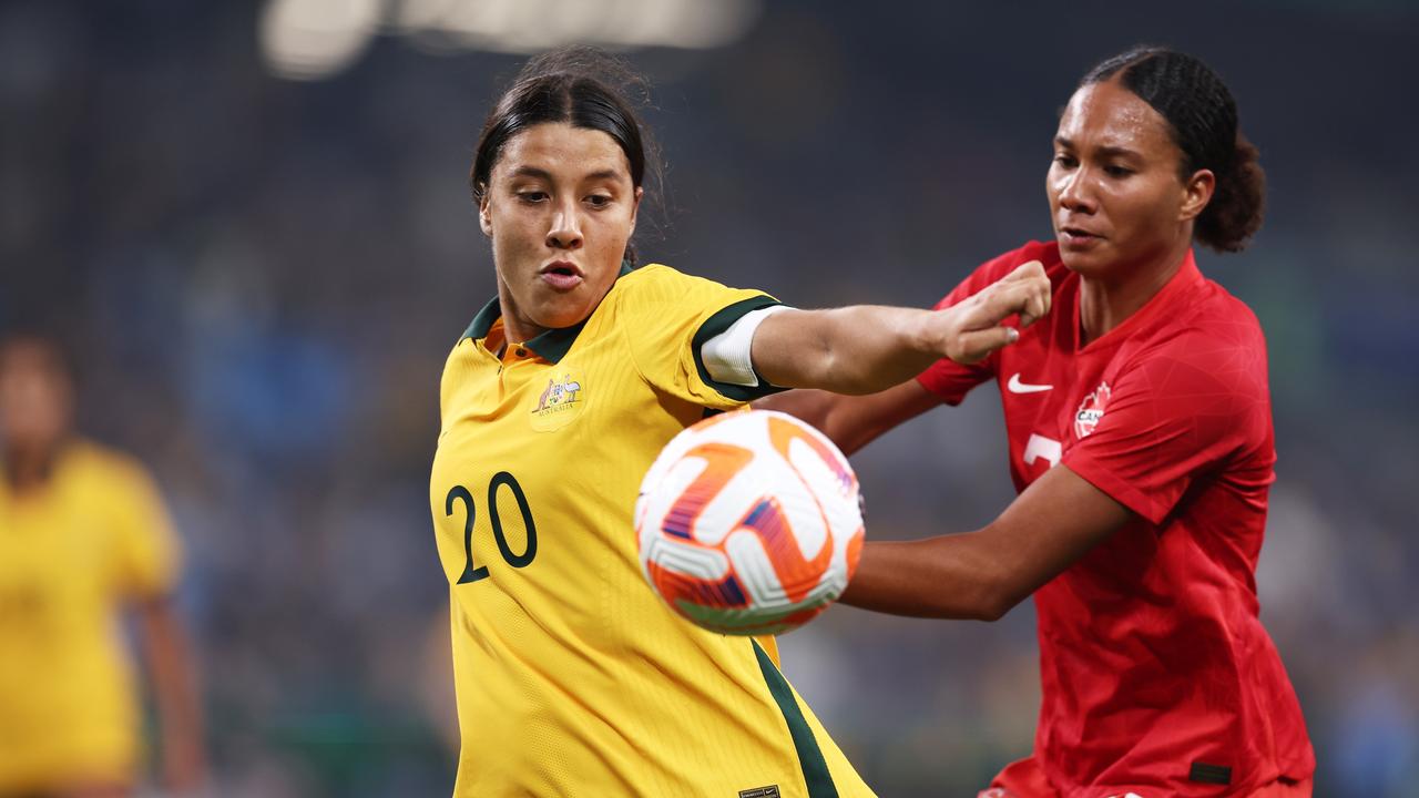SYDNEY, AUSTRALIA – SEPTEMBER 06: Sam Kerr of the Matildas is challenged by Jade Rose of Canada during the International Friendly Match between the Australia Matildas and Canada at Allianz Stadium on September 06, 2022 in Sydney, Australia. (Photo by Matt King/Getty Images)