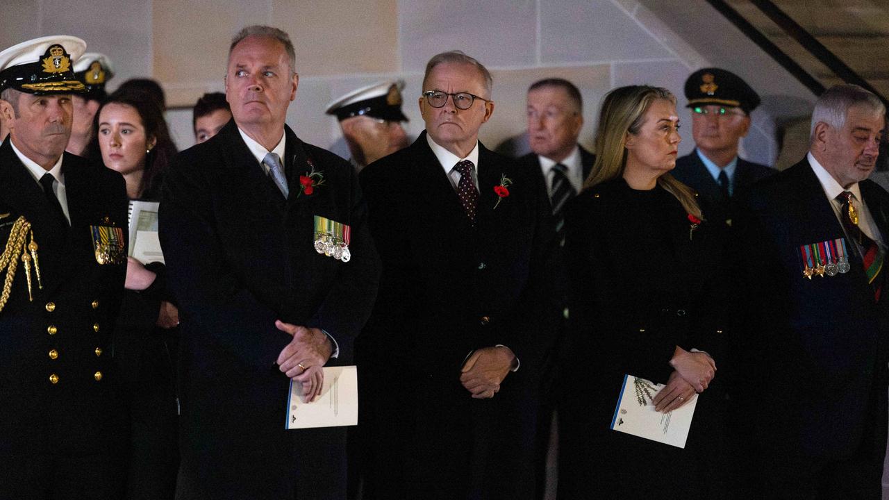 Anthony Albanese with fiancee Jodie Haydon at the Australian War Memorial service in Canberra. Picture: Jason Edwards / NewsWire