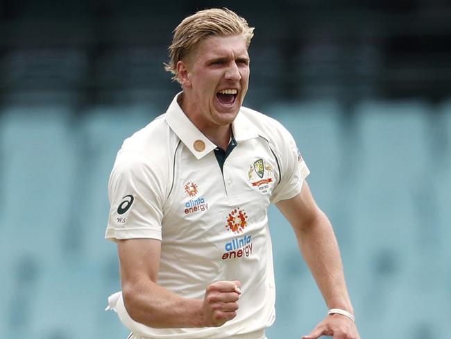 Australia's Will Sutherland celebrates bowling India's Prithvi Shaw during Day 1 of India v Australia A day/night tour match at the SCG. Picture. Phil Hillyard