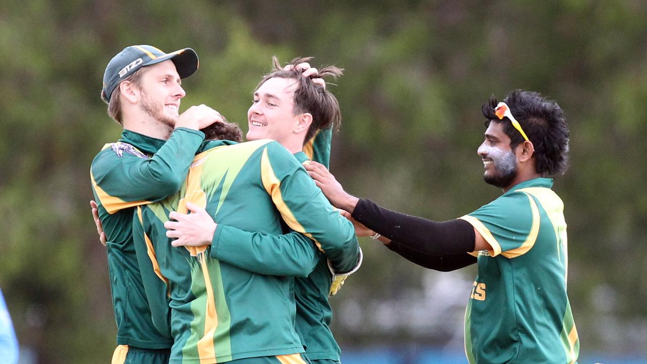 Grand final of the T20 Kookaburra Cup cricket competition at Sam Loxton Oval at Runaway Bay Cricket Club. Helensvale (green) vs. Mudgeeraba batting. Jack Baird celebrates a wicket. 26 September 2021 Runaway Bay Picture by Richard Gosling