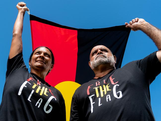 Nova Peris and Michael Long want to ‘free the flag’ for this weekend’s Sir Doug Nicholls Indigenous Round. Picture: Che Chorley