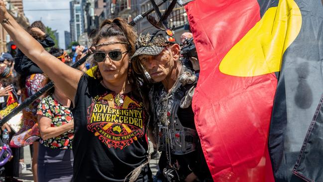 Then Greens senator Lidia Thorpe takes part in a Melbourne march for a Treaty Before Voice Invasion Day Protest on January 26. Picture: Getty Images