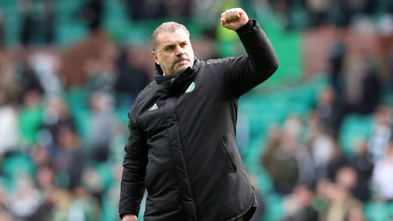 GLASGOW, SCOTLAND – APRIL 09: Ange Postecoglou the manager of Celtic acknowledges the home support following his side's 7-0 win during the Cinch Scottish Premiership match between Celtic FC and St. Johnstone FC at Celtic Park on April 09, 2022 in Glasgow, Scotland. (Photo by Ian MacNicol/Getty Images)