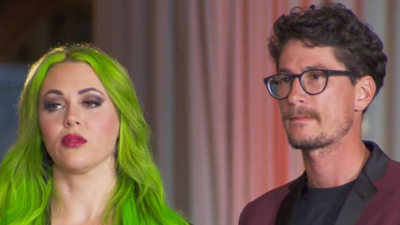 A green-haired Kylie and husband Brad as they appeared on The Block.