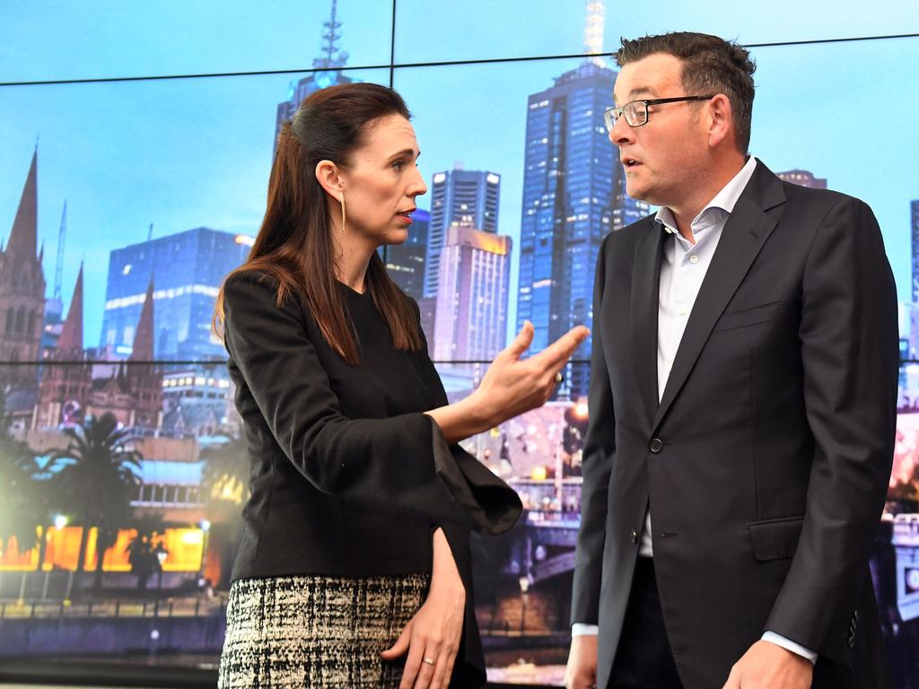 New Zealand's Prime Minister Jacinda Ardern and Victoria's Premier Daniel Andrews last night. Picture: William West/AFP