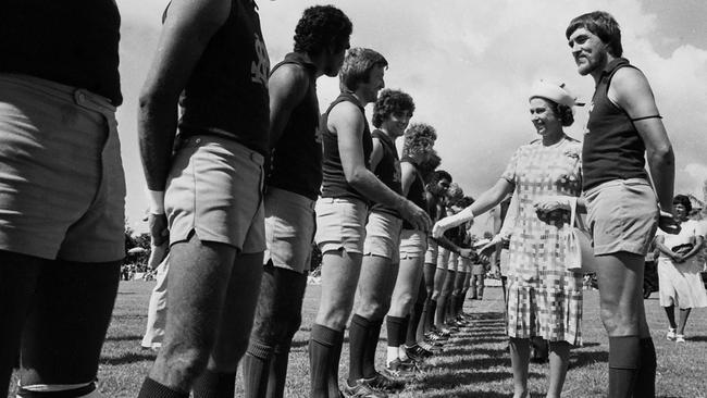 Ray Buckley introducing Queen Elizabeth to St Mary's players.