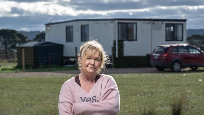 Teena Keys outside her tiny home in Anakie. Picture: Brad Fleet