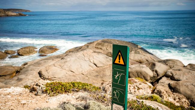 Warning signs at the scene of the drowning at Browns Beach, Yorke Peninsula. Picture: Mike Burton