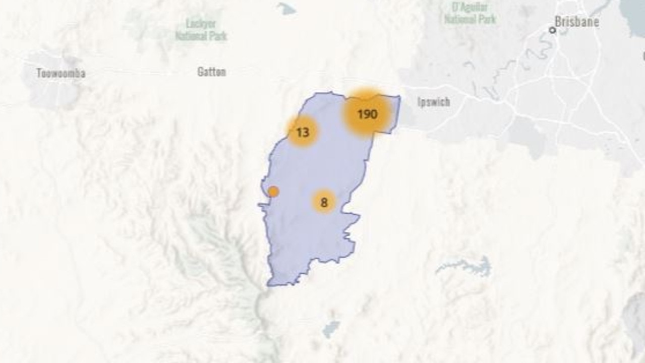 The QPS Rosewood division expands across a significant proportion of SEQ. The hot spots and numbers in this image represent the 211 alleged crimes that police responded to over the past six months – 110 of which occurred in or near the town centre. Picture: QPS