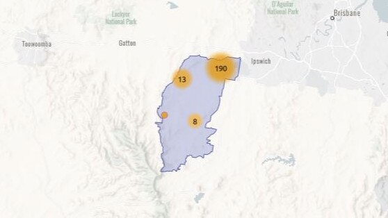 The QPS Rosewood division expands across a significant proportion of SEQ. The hot spots and numbers in this image represent the 211 alleged crimes that police responded to over the past six months – 110 of which occurred in or near the town centre. Picture: QPS