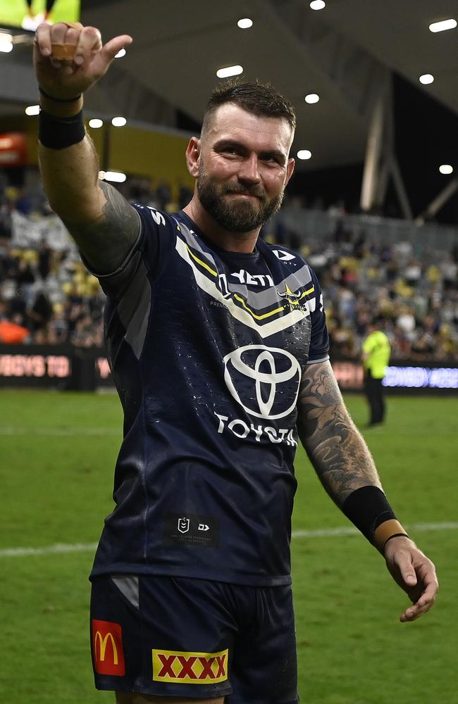 Kyle Feldt waves to the crowd during a lap of honour. (Photo by Ian Hitchcock/Getty Images)