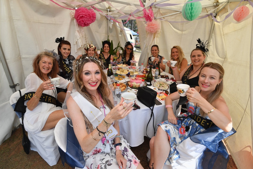 Torbanlea Picnic Races 2019 - bride to be Ella Parr from Hervey Bay with the bride tribe (L) aunty Caroline Bolland, Tash Taylor, Susie Rae, Bec Murphy, mum Sue Parr, Shannon McDuff, Danni Brown, Naomi Lynch and sister-in-law Aimee Parr. Picture: Alistair Brightman