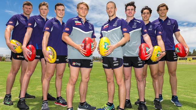 New Dockers (from left) Scott Jones, Hugh Dixon, Tom North, Mitchell Crowden, Sam Switkowski, Andrew Brayshaw, Adam Cerra and Lloyd Meek.