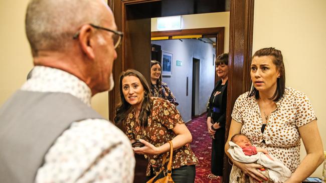 MLC Michael Gaffney talks with Jacqui and Natalie Gray as the Voluntary Assisted Dying Bill was passed by the Legislative Council. Picture: Zak Simmonds