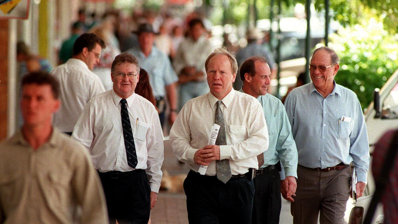 Labor’s Peter Beattie and his deputy Jim Elder walk the streets of Bundaberg in 1997.