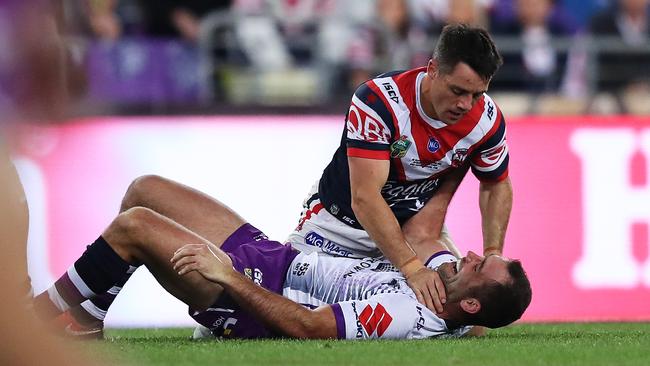 Cooper Cronk and Cameron Smith during the 2018 NRL grand final. Picture: Brett Costello