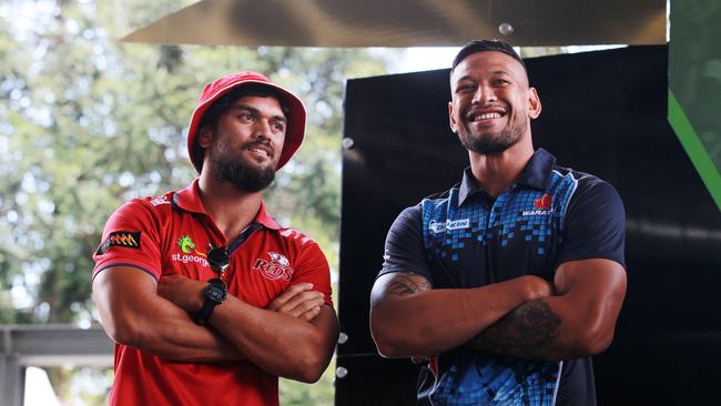 Karmichael Hunt and Israel Folau chat on stage at the Brisbane Tens launch at Courier Mail Piazza.