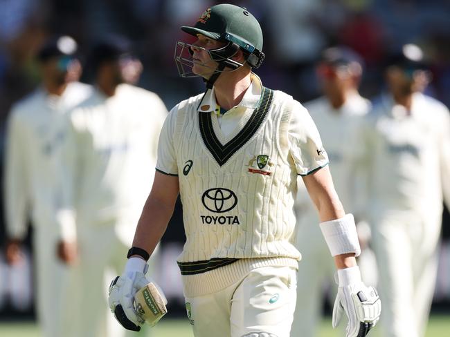 PERTH, AUSTRALIA - NOVEMBER 22: Steve Smith of Australia walks off the field after being dismissed by Jasprit Bumrah of India for a golden duck during day one of the First Test match in the series between Australia and India at Perth Stadium on November 22, 2024 in Perth, Australia. (Photo by Cameron Spencer/Getty Images)