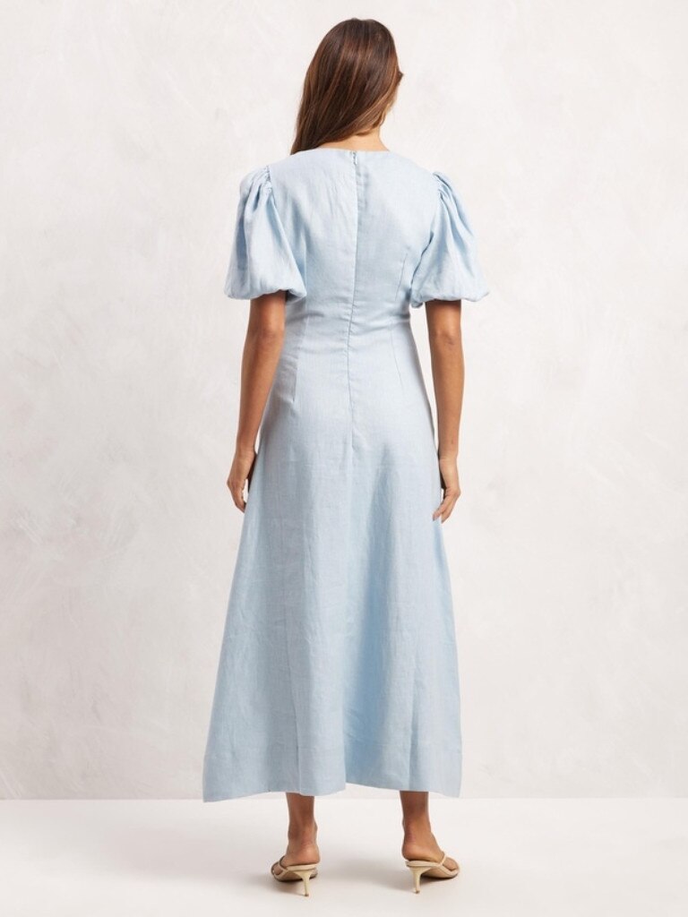 AERE Linen Gathered V Neck Puff Sleeve Midi Dress. Picture: THE ICONIC.