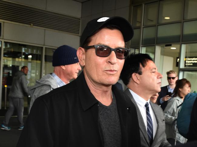 Charlie Sheen with Ralph Carr at Melbourne Airport. Picture: Tony Gough