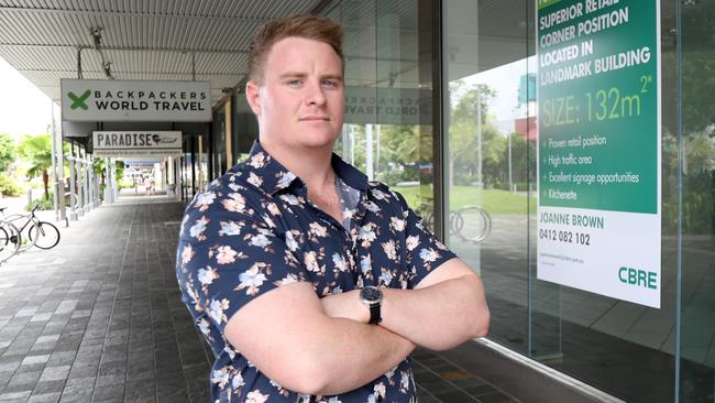 LNP Matthew Tickner in front of vacant shops for lease in Shield St, Cairns CBD. Picture: Stewart McLean