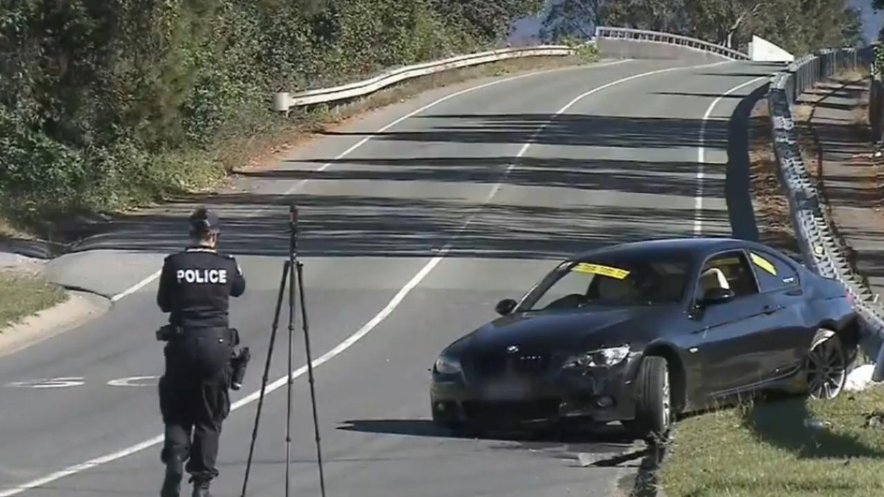 A black BMW involved in an alleged hooning incident which left two people injured at Coomera. Picture: 9News