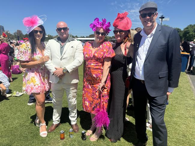 Ann Noon, Robert Reidy, Victoria Herrmann, Nikki Shepherd and Damien Giles at the Melbourne Cup at Flemington Racecourse on November 5, 2024. Picture: Phillippa Butt