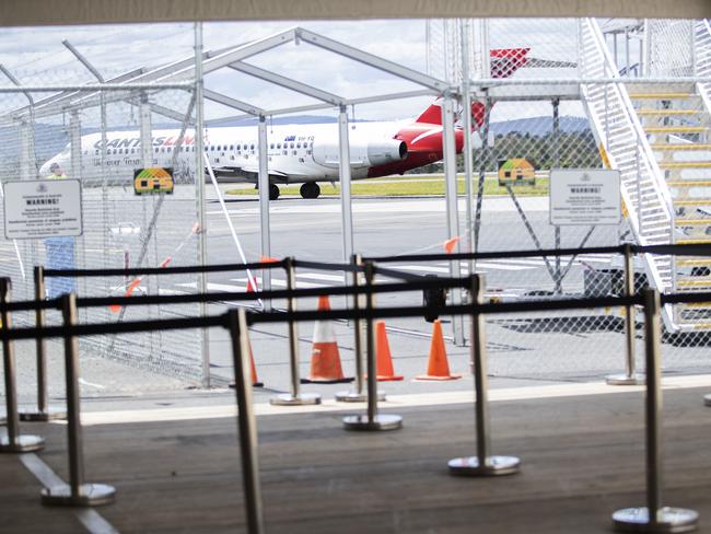 Mock up trial run for changes to arrivals at Hobart Airport for December 15, Biosecurity Tasmania checkin. Picture: Chris Kidd