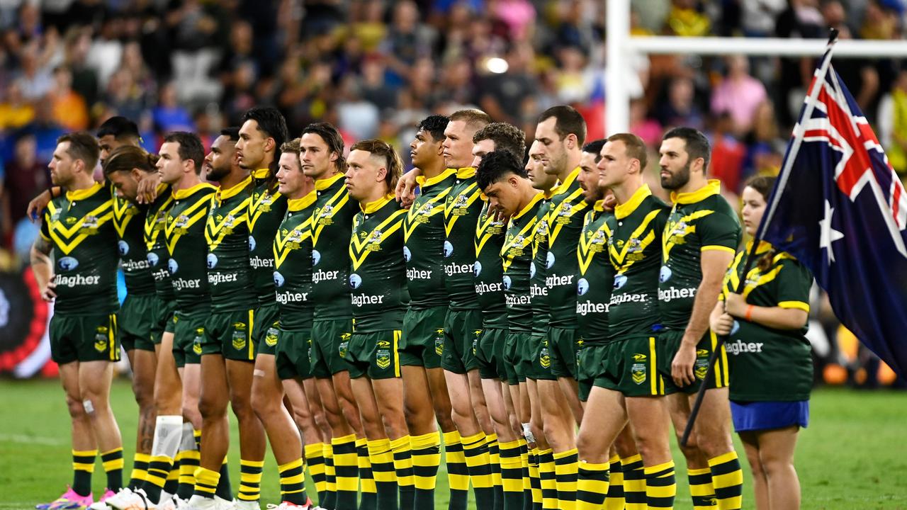 The Kangaroos line up for the anthem before this month’s clash with Samoa. (Photo by Ian Hitchcock/Getty Images)