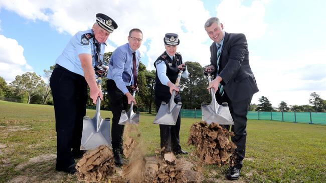 Assistant Commissioner Brian Wilkins, SE regional representative Qld Police Union, Commissioner Katarina Carroll and Police Minister Mark Ryan turn the first sod on the Pimpama Police Station. Picture: Richard Gosling