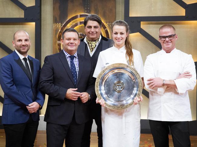 Winners are grinners ... MasterChef Australia 2015 winner Billie McKay with judges George Calombaris, Gary Mehigan, Matt Preston and guest Heston Blumenthal. Picture: Channel 10