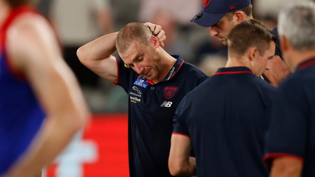 Melbourne coach Simon Goodwin isn’t panicking after losing to Carlton. Picture: Michael Willson/AFL Photos via Getty Images