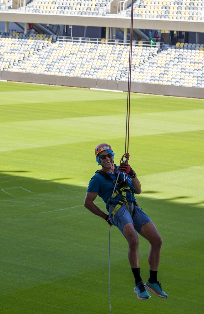 James Rooney abseiling the Queensland Country Bank Stadium to raise funds for Brighter Lives. Photo by Leilani Franks, Stay Golden Photography.