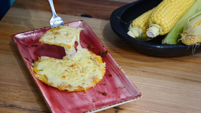 Say cheese: The chocolo arepa topped with melted mozzarella.