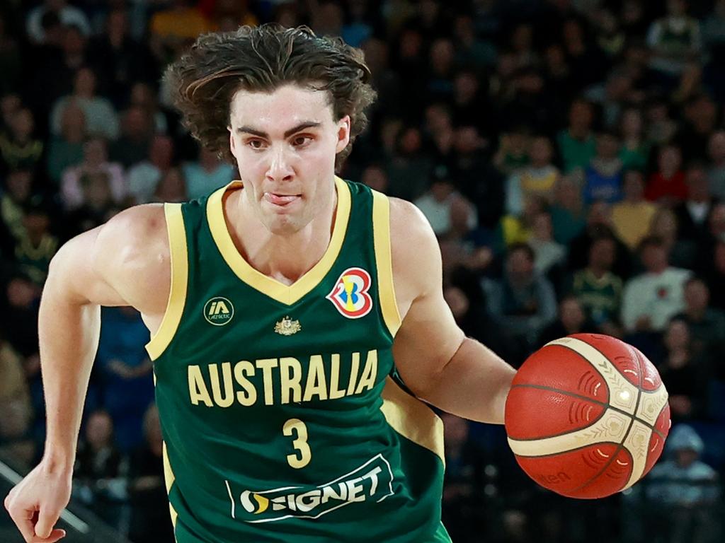 Josh Giddey of the Boomers dribbles the ball during the match between Australia Boomers and Venezuela at Rod Laver Arena. Photo: Kelly Defina/Getty Images.