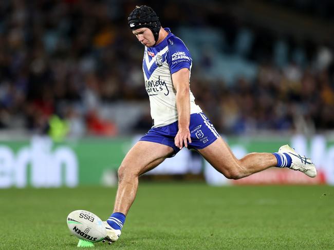 SYDNEY, AUSTRALIA - JUNE 13: Matt Burton of the Bulldogs kicks a conversion during the round 14 NRL match between the Canterbury Bulldogs and the Parramatta Eels at Accor Stadium, on June 13, 2022, in Sydney, Australia. (Photo by Matt King/Getty Images)