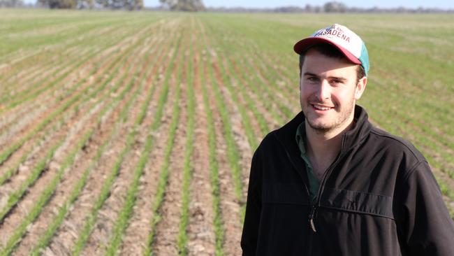 Rhylie Botheras checking crops on his Narraport farm, near Birchip. Picture: Emma Field