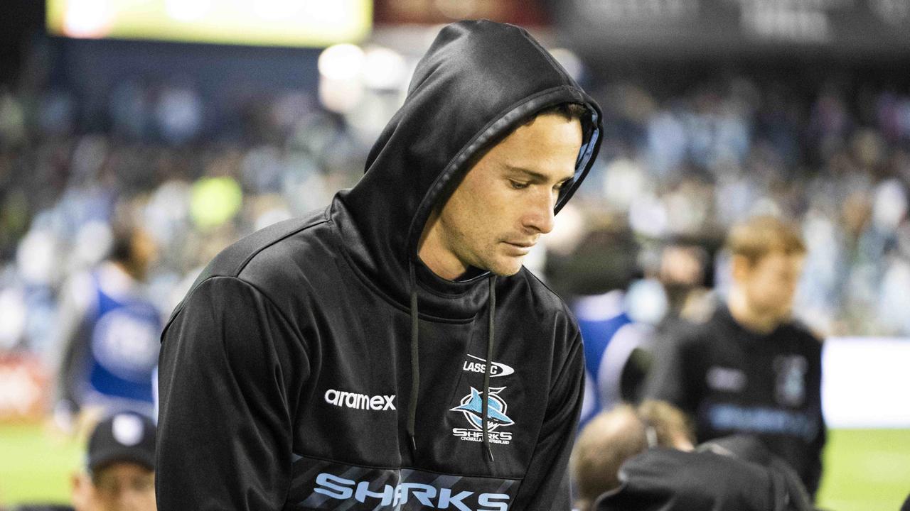 Sharks star Nicholas Hynes after being removed from the game for a head knock during tonight's NRL clash between the Cronulla Sharks and the Penrith Panthers at Shark Park. Photo: Tom Parrish