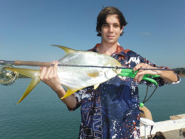 <s1>Darwin Flyrodder junior Jarryd Jeffrey with one of fly fishing’s holy grails, the permit which he caught at Melville Island.</s1>