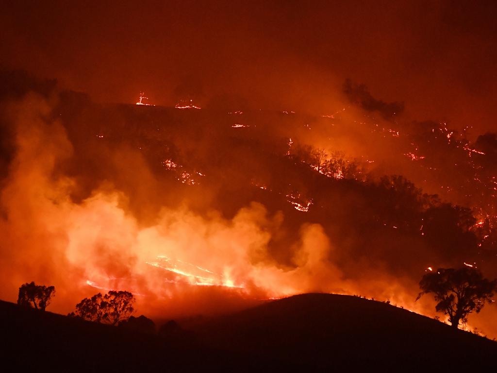 Fires in Mount Adrah, near Gundagai, on January 10, 2020. NASA said the Australian bushfires were so massive the smoke actually acted as a brake on soaring temperatures. Picture: Sam Mooy/Getty Images