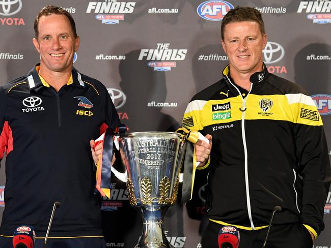 Adelaide Crows coach Don Pyke (left) and Richmond Tigers coach Damien Hardwick hold the AFL Premiership cup after the press conference, in the lead up to the AFL grand final parade in Melbourne, Friday, September 29, 2017. Richmond play Adelaide in this Saturday's AFL grand final. (AAP Image/Joe Castro) NO ARCHIVING