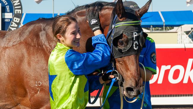 The Phil Cole trained Afternoon Tea with jockey Emma Lines onboard won at Fannie Bay on Ladies Day. Picture: Caroline Camilleri