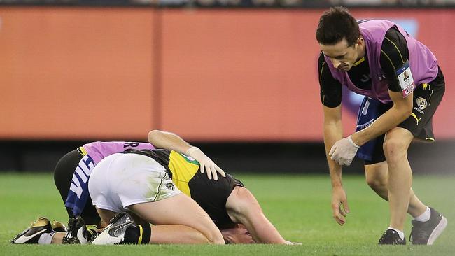 Richmond forward Jack Riewoldt down after a collision in the second quarter of tonight’s clash against Carlton. Pic: Michael Klein