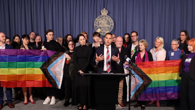 Independent Sydney MP Alex Greenwich pictured speaking to media along with LGBTIQA+ community members at Parliament House before he introduces his equality bill before Parliament. Picture: NCA NewsWire / Damian Shaw