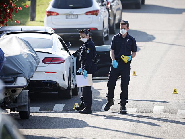 DAILY TELEGRAPH OCTOBER 2, 2023. Forensic police on Henry St in Guildford where shots fired into a car with three occupants early this morning. Picture: Adam Yip