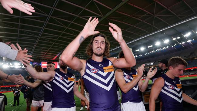 Luke Jackson starred in Fremantle’s win over the Roos. (Photo by Dylan Burns/AFL Photos via Getty Images)