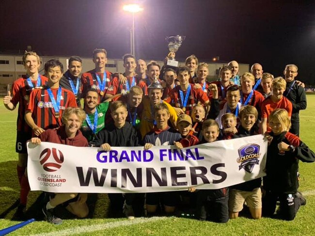 Burleigh Heads celebrate their Gold Coast Premier League grand final win over Surfers Paradise.