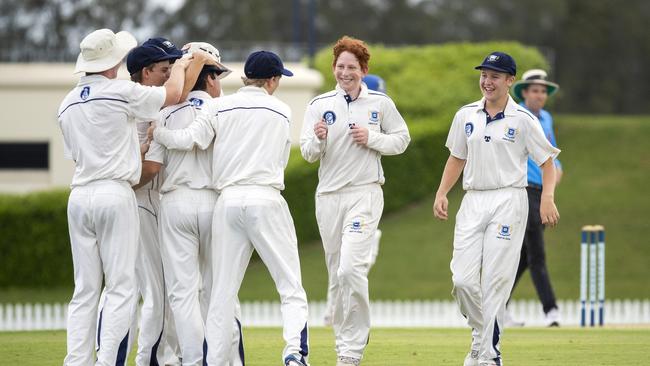 Brisbane Grammar celebrate wicket. (AAP Image/Richard Walker)