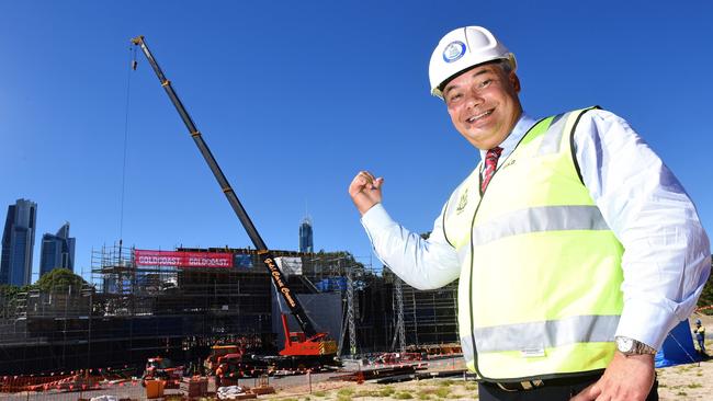 Gold Coast Mayor Tom Tate at the speaker test for the Gold Coast Cultural Precinct’s amphitheatre which is still under construction. Picture: John Gass