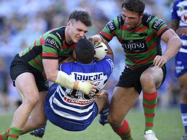 Francis Tualau is tackled by Angus Crichton and Sam Burgess.